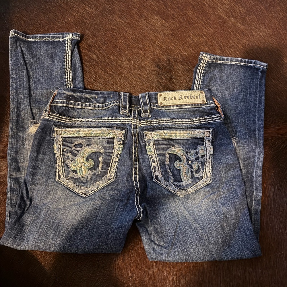 Rock Revival Distressed Blue Capris
